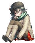  1girl alternate_costume beanie black_hat black_legwear blush boots closed_mouth coat eyebrows_visible_through_hair eyepatch finger_to_face full_body green_eyes green_hair grey_coat grey_footwear hair_between_eyes hat hat_over_hat kantai_collection kiso_(kantai_collection) knee_boots knees_up legs_apart long_sleeves looking_at_viewer miniskirt one_eye_covered pantyhose plaid plaid_skirt pleated_skirt red_skirt short_hair simple_background sitting skirt sleeves_past_wrists smile thighband_pantyhose twitter_username underwear white_background winter_clothes winter_coat yuihira_asu 