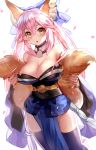  1girl animal_ears bare_shoulders blue_legwear blush breasts cherry_blossoms cowboy_shot fate/extra fate/extra_ccc fate/grand_order fate_(series) fox_ears fox_tail gendo0032 hair_ribbon holding_own_tail large_breasts looking_at_viewer multiple_tails open_mouth petals pink_hair ribbon simple_background sleeveless solo tail tamamo_(fate)_(all) tamamo_no_mae_(fate) white_background yellow_eyes 