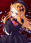  1girl abigail_williams_(fate/grand_order) bangs black_bow black_dress black_hat blonde_hair blue_eyes blush bow butterfly dress fate/grand_order fate_(series) frilled_sleeves frills hair_bow hands_in_sleeves hat highres long_sleeves looking_at_viewer open_mouth orange_bow parted_bangs red_background solo stuffed_animal stuffed_toy teddy_bear tsukiman v-shaped_eyebrows 