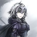  1girl ahoge armor bangs banner black_cape black_dress breasts cape dress eyebrows eyebrows_visible_through_hair facing_away fate/grand_order fate_(series) fur_collar headpiece highres jeanne_d&#039;arc_(alter)_(fate) jeanne_d&#039;arc_(fate)_(all) looking_at_viewer nose open_mouth short_hair sketch small_breasts smile solo teeth toyo-1040-maruthi upper_body white_hair white_skin yellow_eyes 