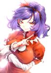  1girl absurdres breasts closed_mouth darjeeling_(reley) highres index_finger_raised large_breasts leaf purple_hair red_eyes short_hair simple_background smile solo touhou white_background yasaka_kanako 