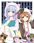  2girls :d :o alternate_hairstyle animal_costume animal_hood bangs beret blush braid brown_eyes brown_hair bunny_hood buttons camouflage_hat character_hood collarbone commentary_request cosplay cow_costume eyebrows_visible_through_hair eyepatch flat_chest gochuumon_wa_usagi_desu_ka? hair_between_eyes hair_ornament hairclip hat highres holding holding_pillow hood hooded_jacket jacket kafuu_chino kigurumi kneehighs knees_together_feet_apart light_blue_hair light_particles long_hair long_sleeves looking_at_viewer maid_headdress multiple_girls namori_(fictional_persona) oomuro_hanako open_mouth outline pajamas pillow polka_dot_pillow ryoutan sidelocks sitting smile star starry_background striped stuffed_animal stuffed_bunny stuffed_raccoon stuffed_toy tippy_(gochiusa) twin_braids two-tone_background vertical-striped_background vertical_stripes white_jacket white_legwear white_outline x_hair_ornament yuru_yuri 