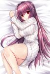  1girl bangs bed_sheet beeyan blush breasts closed_mouth commentary_request dress eyebrows_visible_through_hair fate/grand_order fate_(series) hair_between_eyes hair_intakes highres impossible_clothes impossible_sweater large_breasts long_hair long_sleeves looking_at_viewer looking_to_the_side lying on_back on_side purple_hair red_eyes ribbed_sweater scathach_(fate/grand_order) smile solo sweater sweater_dress very_long_hair white_sweater 