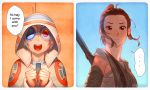  ... 1girl ahoge androgynous antennae bandage bb-8 brown_hair english goggles grey_hair hair_bun hood humanization looking_at_viewer nakanoart open_mouth rey_(star_wars) speech_bubble spoken_ellipsis staff star_wars star_wars:_the_force_awakens 