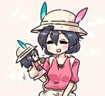 1girl :d ^_^ backpack bag black_hair blush bucket_hat closed_eyes eyebrows_visible_through_hair hair_between_eyes hand_puppet hat hat_feather kaban_(kemono_friends) kemono_friends open_mouth pink_shirt puppet seki_(red_shine) shirt short_hair smile solo upper_body white_hat 