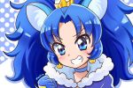  1girl animal_ears bangs blue_eyes blue_hair blue_neckwear blue_shirt choker clenched_hand crown cure_gelato earrings grin highres hinata_naomi jewelry kirakira_precure_a_la_mode lion_ears long_hair looking_at_viewer magical_girl mini_crown parted_bangs precure shirt signature smile solo tategami_aoi upper_body 