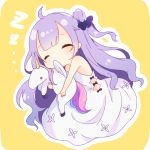  ... 1girl ahoge azur_lane bangs bare_arms bare_shoulders black_bow black_ribbon blush bow chibi closed_eyes closed_mouth dress eyebrows_visible_through_hair hair_bun hair_ribbon hinanosuke lying object_hug on_side one_side_up outline purple_hair ribbon side_bun simple_background sleeping sleeveless sleeveless_dress solo stuffed_animal stuffed_pegasus stuffed_toy stuffed_unicorn unicorn_(azur_lane) white_dress white_outline yellow_background zzz 