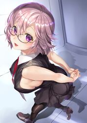  1girl arms_behind_back ass black-framed_eyewear black_dress black_legwear breasts dress fate/grand_order fate_(series) glasses hair_between_eyes hair_over_one_eye highres large_breasts mash_kyrielight open_mouth pantyhose purple_hair sage_joh semi-rimless_eyewear shadow shielder_(fate/grand_order) short_hair sideboob smile solo under-rim_eyewear violet_eyes 