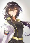  1girl azur_lane belt black_hair blush breasts closed_mouth commentary_request epaulettes hair_between_eyes horns long_hair long_sleeves looking_at_viewer medium_breasts mikasa_(azur_lane) military military_uniform pnt_(ddnu4555) smile solo uniform upper_body yellow_eyes 
