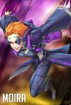  1girl blue_eyes bodysuit breasts character_name coattails constricted_pupils facepaint highres lips medium_breasts moira_(overwatch) orange_hair outstretched_arms running short_hair solo wallace_pires wide_sleeves 