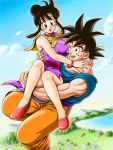  1boy 1girl :o bangs bare_legs black_eyes black_hair blue_shirt blush bracelet carrying chi-chi_(dragon_ball) chinese_clothes clouds couple dragon_ball dragonball_z earrings flying hetero jewelry looking_at_another masa_(p-piyo) open_mouth shirt short_hair sky smile son_gokuu spiky_hair tied_hair 