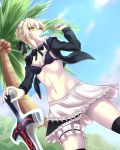  1girl apron artoria_pendragon_(all) artoria_pendragon_(swimsuit_rider_alter) bikini black_bikini black_hoodie black_legwear black_ribbon blonde_hair braid breasts choker cowboy_shot day dutch_angle eating eyebrows_visible_through_hair fate/grand_order fate_(series) food french_braid frilled_apron frilled_bikini_top frills from_below gluteal_fold hair_ribbon highres hikarikung hood hoodie leg_garter lens_flare looking_to_the_side maid_bikini maid_headdress medium_breasts miniskirt navel open_clothes open_hoodie outdoors palm_tree popsicle ribbon saber_alter skirt solo spread_legs standing swimsuit thigh-highs tree waist_apron yellow_eyes 