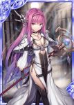  1girl akkijin aura black_gloves boots breasts card_(medium) gloves hair_ornament high_heel_boots high_heels holding holding_weapon indoors jewelry long_hair medium_breasts necklace pink_hair priestess red_eyes shinkai_no_valkyrie solo staff sunlight temple weapon 