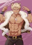 1boy abs absurdres animal_ears areolae belt blonde_hair blue_eyes bulge collarbone dark_skin dark_skinned_male dog_tags drumsticks extra_ears grin highres male_focus muscle nipples open_clothes open_vest pectorals purple_background rom_(show_by_rock!!) shirtless show_by_rock!! smile tail tamahiro vest 