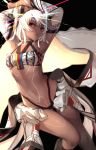 1girl altera_(fate) armpits arms_up bandeau bangs dark_skin detached_sleeves expressionless fate/extella fate/extra fate/grand_order fate_(series) gendo0032 glint midriff navel parted_lips red_eyes revealing_clothes short_hair showgirl_skirt sidelocks skirt solo sparkle thighs tsurime white_hair white_skirt 