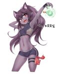  1girl :d animal_ears armpits arms_up beruko_(rladustns50) bike_shorts black_gloves blush bottle breasts cat_ears contrapposto cowboy_shot crop_top cropped_legs eyebrows_visible_through_hair foreshortening gloves gluteal_fold hand_in_hair highres long_hair looking_at_viewer nail_polish navel open_mouth original outstretched_arm pointy_ears purple_hair purple_nails purple_skin red_eyes simple_background sleeveless small_breasts smile solo standing stomach teeth thigh_pouch thigh_strap tsurime very_long_hair white_background 