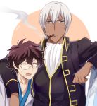  2boys bespectacled blue_hakama brown_hair cigar closed_eyes dark_skin dark_skinned_male gintama glasses grey_eyes hakama hijikata_toushirou japanese_clothes kekkai_sensen leonardo_watch male_focus mery_(apfl0515) multiple_boys nakai_kazuya sakaguchi_daisuke seiyuu_connection shimura_shinpachi shinsengumi_(gintama) smoking white_hair zap_renfro 