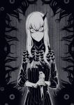  1girl blood blood_splatter bloody_weapon closed_mouth fate/grand_order fate_(series) fingernails greyscale hair_between_eyes highres holding holding_knife horn knife lavinia_whateley_(fate/grand_order) long_hair long_sleeves looking_at_viewer monochrome nakamura_regura reverse_grip sanpaku solo standing static turtleneck two-handed weapon wide-eyed 