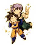  2boys black_hair blue_eyes boots closed_eyes dougi dragon_ball dragonball_z eyebrows_visible_through_hair flying happy long_sleeves looking_at_viewer male_focus multiple_boys neko_ni_chikyuu open_mouth purple_hair simple_background smile son_goten spiky_hair star starry_background trunks_(dragon_ball) v white_background wristband 