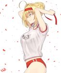  1girl ahoge armpits arms_behind_head blackwatchar blonde_hair braid buruma clothes_writing fate/grand_order fate_(series) from_side green_eyes gym_uniform hair_intakes headband highres nero_claudius_(fate) nero_claudius_(fate)_(all) olympian_bloomers petals pink_lips red_buruma red_headband short_sleeves smile solo tying_headband 