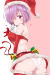  1girl :o ass bangs bare_shoulders bell fate/grand_order fate_(series) from_behind gloves hair_over_one_eye hat heart highres looking_at_viewer looking_back mash_kyrielight minikon miniskirt panties pink_background purple_hair red_gloves red_legwear red_ribbon red_skirt ribbon santa_costume santa_hat short_hair skirt solo two-tone_background underwear violet_eyes white_background white_gloves white_panties 