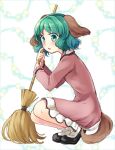  1girl animal_ears bamboo_broom bangs broom dog_ears dog_tail dress from_side full_body green_eyes green_hair kasodani_kyouko long_sleeves looking_at_viewer looking_to_the_side mito_tsubaki parted_lips pink_dress short_hair solo squatting tail touhou wavy_hair 