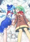  2girls absurdres bare_legs barefoot blue_bow blue_dress blue_eyes blue_hair bow brown_coat carrot cirno closed_mouth coat daiyousei dress eye_contact fairy_wings green_eyes green_hair green_skirt hair_bow highres ice ice_wings long_hair looking_at_another lying miniskirt multiple_girls on_back on_ground pantyhose pebble pleated_skirt puffy_short_sleeves puffy_sleeves red_scarf scarf short_sleeves side_ponytail skirt smile snow snowman touhou wings winter winter_clothes winter_coat yal_(lily910218) yellow_legwear yuri 