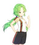  1girl black_shorts blush breasts character_request closed_mouth copyright_request eyebrows_visible_through_hair green_eyes green_hair hair_tubes hand_on_hip long_hair looking_at_viewer medium_breasts shorts smile soccer_uniform sportswear tp_(kido_94) twintails 