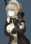  1girl artoria_pendragon_(all) artoria_pendragon_(swimsuit_rider_alter) black_bow black_bra black_jacket black_neckwear blue_background bow bowtie bra breasts choker cleavage eyebrows_visible_through_hair fate/grand_order fate_(series) firing_at_viewer frilled_bra frills grey_eyes gun hair_between_eyes highres holding holding_gun holding_weapon inoue_mamori jacket large_breasts looking_at_viewer maid_headdress midriff navel open_clothes open_jacket short_hair_with_long_locks sidelocks silver_hair simple_background solo standing stomach underwear unzipped upper_body weapon white_skin 