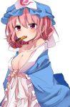  1girl bangs blue_hat blush breasts cleavage cracker food food_in_mouth hair_between_eyes hat highres japanese_clothes karasusou_nano kimono looking_at_viewer medium_breasts mob_cap mouth_hold off_shoulder pink_eyes pink_hair saigyouji_yuyuko short_hair simple_background solo touhou triangular_headpiece upper_body white_background 