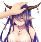  1girl bare_shoulders blush breasts cleavage closed_mouth collarbone crescent danua doraf dress granblue_fantasy hair_between_eyes horn_ornament horns jewelry koko_(koko3) large_breasts long_hair looking_at_viewer necklace pointy_ears purple_hair red_eyes smile upper_body white_dress 