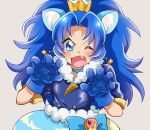  1girl ;d absurdres animal_ears anri_(kuro_89_428) blue_bow blue_eyes blue_gloves blue_hair blue_neckwear blue_shirt blue_skirt bow choker crown cure_gelato earrings extra_ears fang gloves grey_background highres jewelry kirakira_precure_a_la_mode lion_ears long_hair looking_at_viewer magical_girl mini_crown one_eye_closed open_mouth paw_pose precure shirt simple_background skirt smile solo tategami_aoi upper_body 
