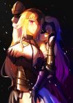  2girls arm_behind_head armor armored_dress armpits bare_shoulders black_gloves blonde_hair blush breast_grab breasts chains chin_rest closed_mouth collar dress dual_persona elbow_gloves fate/grand_order fate_(series) freze gloves grabbing grabbing_from_behind headpiece highres jeanne_d&#039;arc_(alter)_(fate) jeanne_d&#039;arc_(fate) jeanne_d&#039;arc_(fate)_(all) large_breasts long_hair multiple_girls open_mouth panties pauldrons pink_eyes silver_hair smile underwear very_long_hair white_dress white_panties yellow_eyes yuri 
