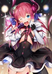  1girl ;d aozora_nan armpits backlighting bangs black_dress blue_eyes blurry blurry_background curled_horns detached_sleeves dress elizabeth_bathory_(fate) elizabeth_bathory_(fate)_(all) eyebrows_visible_through_hair fate/extra fate/extra_ccc fate_(series) flat_chest glint hand_on_own_cheek hand_up head_tilt heart highres holding holding_microphone lancer_(fate/extra_ccc) long_hair long_sleeves looking_at_viewer microphone one_eye_closed open_mouth pink_hair pinky_out pointy_ears round_teeth sleeves_past_wrists smile tail teeth thigh_gap thighs very_long_hair wrist_cuffs 