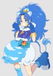  1girl :d animal_ears bangs blue_bow blue_eyes blue_footwear blue_gloves blue_hair blue_legwear blue_neckwear blue_shirt blue_skirt boots bow choker cowboy_shot crown cure_gelato earrings gloves grey_background jewelry kirakira_precure_a_la_mode layered_skirt lion_ears lion_tail long_hair looking_at_viewer magical_girl mini_crown nagiko_(mangalove1111) open_mouth parted_bangs precure shirt simple_background single_thighhigh skirt smile solo standing standing_on_one_leg tail tategami_aoi thigh-highs white_skirt 
