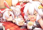  &gt;_&lt; 2girls animal_ears azur_lane blush character_request closed_eyes commentary_request fake_animal_ears hairband haribote kotatsu laffey_(azur_lane) long_hair looking_at_viewer lying multiple_girls on_stomach open_mouth rabbit_ears red_eyes table twintails under_kotatsu under_table white_hair 
