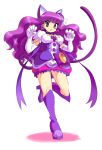  1girl animal_ears boots breasts cat_ears cat_tail choker cure_macaron dress earrings elbow_gloves expressionless extra_ears food_themed_hair_ornament full_body gloves hair_ornament highres jewelry kamiyama_teten kirakira_precure_a_la_mode knee_boots kotozume_yukari layered_dress long_hair looking_at_viewer macaron_hair_ornament magical_girl medium_breasts precure purple_dress purple_footwear purple_hair purple_neckwear ribbon_choker simple_background solo standing standing_on_one_leg tail violet_eyes white_background white_gloves 