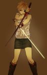  1girl bad_id bad_pixiv_id blonde_hair brown_eyes heather_mason jacket katana miniskirt short_hair silent_hill silent_hill_3 skirt sleeveless sleeveless_turtleneck solo sword tobacco_(tabakokobata) turtleneck turtleneck_dress vest weapon wristband 