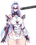 1girl android blue_hair breasts cyborg elbow_gloves forehead_protector gloves highres kos-mos kos-mos_ver._4 long_hair looking_at_viewer negresco red_eyes solo thigh-highs under_boob xenoblade xenoblade_2 xenosaga xenosaga_episode_i xenosaga_episode_ii xenosaga_episode_iii 