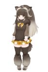  1girl animal_ears bow bowtie brown_hair full_body fur_trim horns ise_(0425) kemono_friends long_hair multicolored_hair muskox_(kemono_friends) pleated_skirt simple_background skirt solo tail thigh-highs two-tone_hair white_background white_hair 