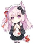  1girl :d animal_ears apron azur_lane bangs bell black_bow black_kimono black_skirt blush bow cat_ears cat_girl cat_tail chibi commentary_request eyebrows_visible_through_hair frilled_apron frills full_body hair_between_eyes hair_bow hair_ribbon head_tilt japanese_clothes jingle_bell kimono kisaragi_(azur_lane) long_hair long_sleeves looking_at_viewer maid maid_apron maid_headdress open_mouth own_hands_together pink_eyes pink_hair pleated_skirt red_bow red_ribbon ribbon skirt smile solo striped striped_bow striped_kimono tabi tail tail_bell tail_bow tengxiang_lingnai very_long_hair wa_maid white_apron white_legwear wide_sleeves zouri 