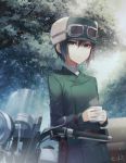  1girl androgynous angel31424 black_hair coat cup expressionless fur_hat goggles goggles_on_headwear green_eyes ground_vehicle hat hermes jacket kino kino_no_tabi looking_at_viewer motor_vehicle motorcycle outdoors short_hair tree 