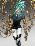  androgynous black_neckwear black_shorts cao_hong_anh collared_shirt gradient gradient_background green_hair highres houseki_no_kuni looking_at_viewer necktie phosphophyllite shirt short_hair short_sleeves shorts simple_background solo spoilers uniform white_shirt 