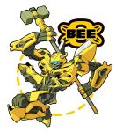  1boy armor autobot blue_eyes borezet bumblebee full_body hammer holding holding_weapon looking_away looking_to_the_side no_humans simple_background transformers weapon white_background 