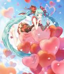  1girl ;d aqua_eyes aqua_hair bangs bare_arms bare_legs bare_shoulders barefoot black_dress blue_sky blurry blurry_background blush bow cat_princess day depth_of_field detached_wings dress flower full_body hair_bow hair_flower hair_ornament hand_on_own_chin hatsune_miku heart_balloon index_finger_raised layered_dress leaning_forward leg_garter long_hair long_sleeves looking_at_viewer one_eye_closed open_mouth outdoors petals red_bow shiny shiny_hair single_detached_sleeve sky sleeveless sleeveless_dress smile solo striped striped_bow transparent very_long_hair vocaloid white_wings wings 