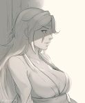  1girl baiken breasts cleavage guilty_gear guilty_gear_xrd koyorin large_breasts long_hair monochrome parted_lips solo upper_body 