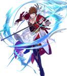 1boy arai_teruko armor armored_boots bell boots brown_hair fire_emblem fire_emblem_heroes fire_emblem_if full_body headband highres japanese_clothes male_focus naginata official_art open_mouth polearm shinonome_(fire_emblem) solo teeth transparent_background violet_eyes weapon 