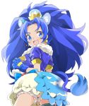  1girl :d animal_ears bloomers blue_eyes blue_gloves blue_hair blue_shirt blue_skirt cowboy_shot crown cure_gelato earrings extra_ears gloves izumo_(izumo53) jewelry kirakira_precure_a_la_mode layered_skirt lion_ears lion_tail long_hair looking_at_viewer magical_girl mini_crown open_mouth precure shirt simple_background skirt smile solo tail tategami_aoi underwear white_background white_bloomers white_skirt 