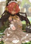  1girl bare_shoulders berserker_of_black bokaa_(exploration) covered_eyes dress elbow_gloves fate/apocrypha fate_(series) flower gloves holding holding_flower horn sitting smile solo veil weapon 