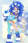  1girl animal_ears bangs blue_bow blue_footwear blue_gloves blue_hair blue_legwear blue_neckwear blue_shirt blue_skirt bow bubble_skirt choker crown cure_gelato earrings extra_ears full_body gloves jewelry kirakira_precure_a_la_mode layered_skirt lion_ears long_hair magical_girl mini_crown onnaski parted_bangs precure shirt shoes single_thighhigh skirt solo standing tategami_aoi thigh-highs thighhighs_pull white_skirt zoom_layer 